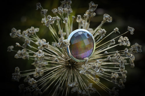 Rainbow quartz ring editorial photograph
