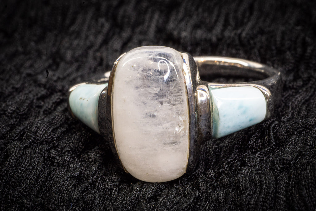 Moonstone and larimar ring detail photograph