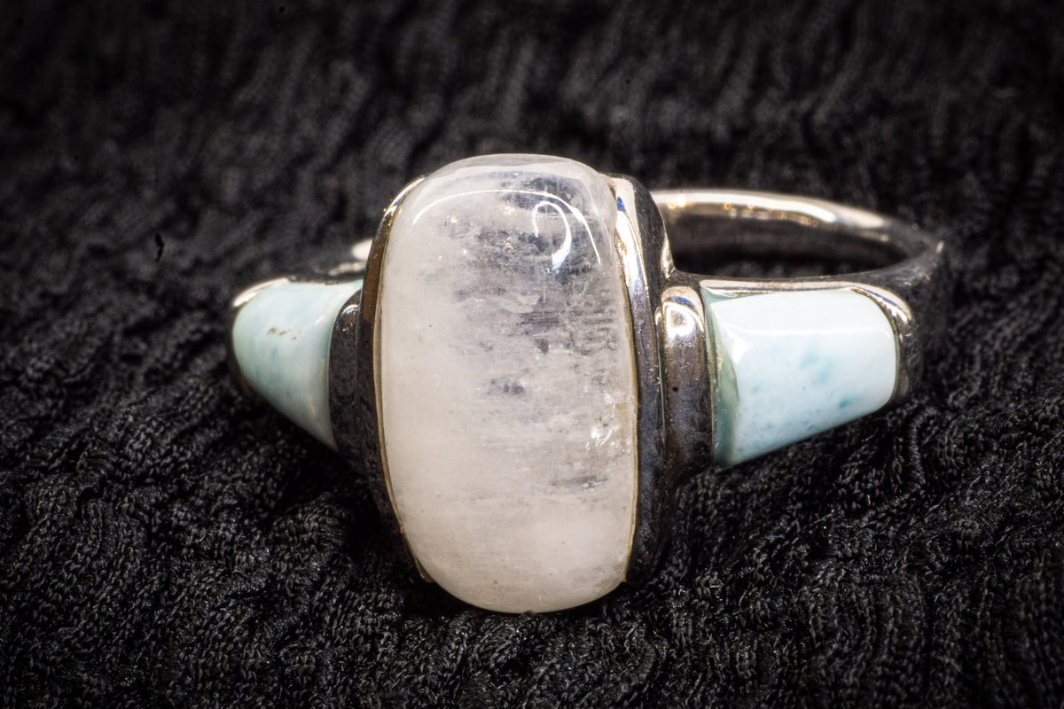 Moonstone and larimar ring detail photograph